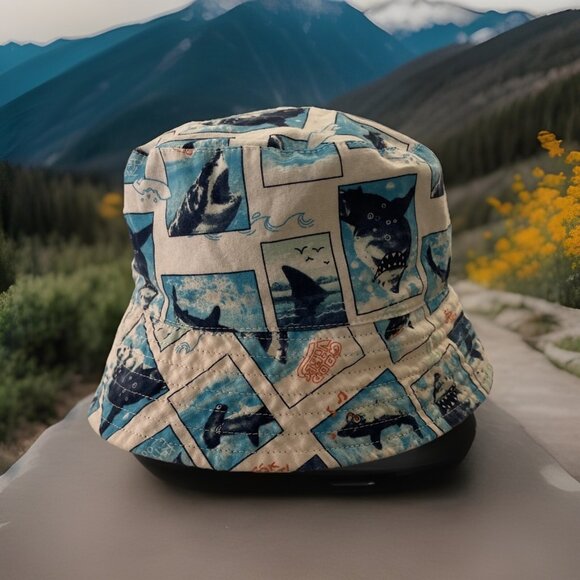 Boys Reversible Shark All Over Print Bucket Hat In Blue White Good Vibes Lookout - Picture 1 of 10